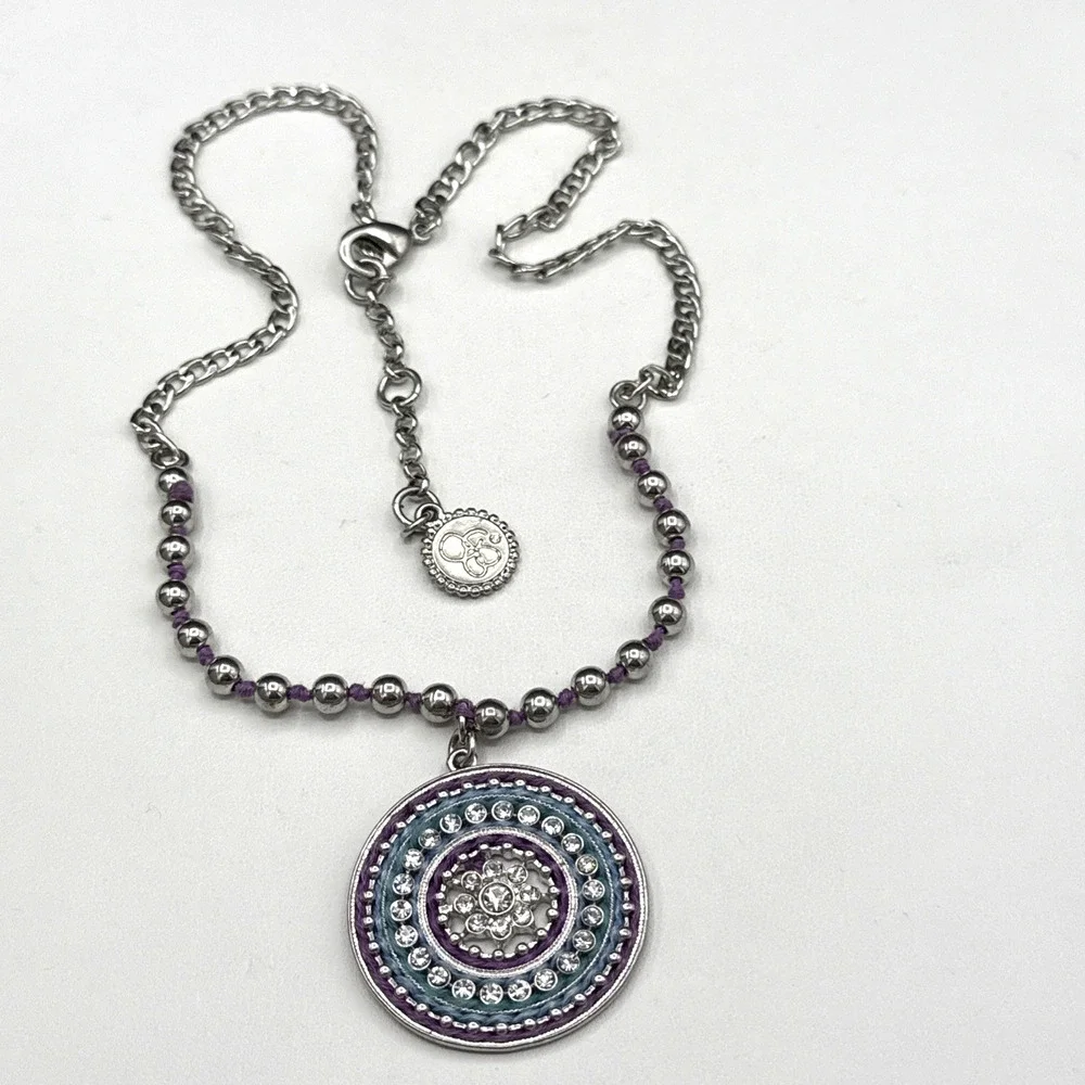 Jessica Simpson Necklace 19 in‎ Pave Crystal Medallion Purple Blue Silver Tone